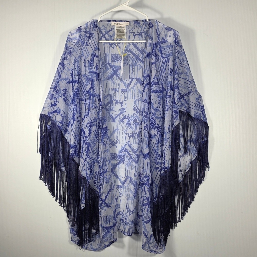 BCBGeneration Seaside Boho Blue Geometric Fringe Sheer Kimono Cardigan Wrap OS